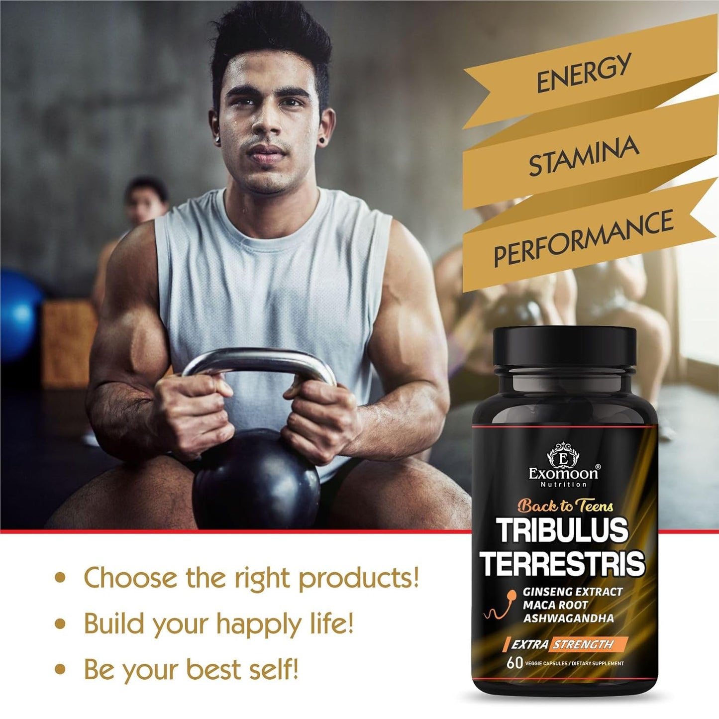 Exomoon Max Strength Booster for Men | Tribulus Terrestris Supplement with Horny Goat Weed, Ginseng, Maca, Ashwagandha, Shilajit, Tongkat Ali - Energy, Stamina, Performance - 60 Capsules