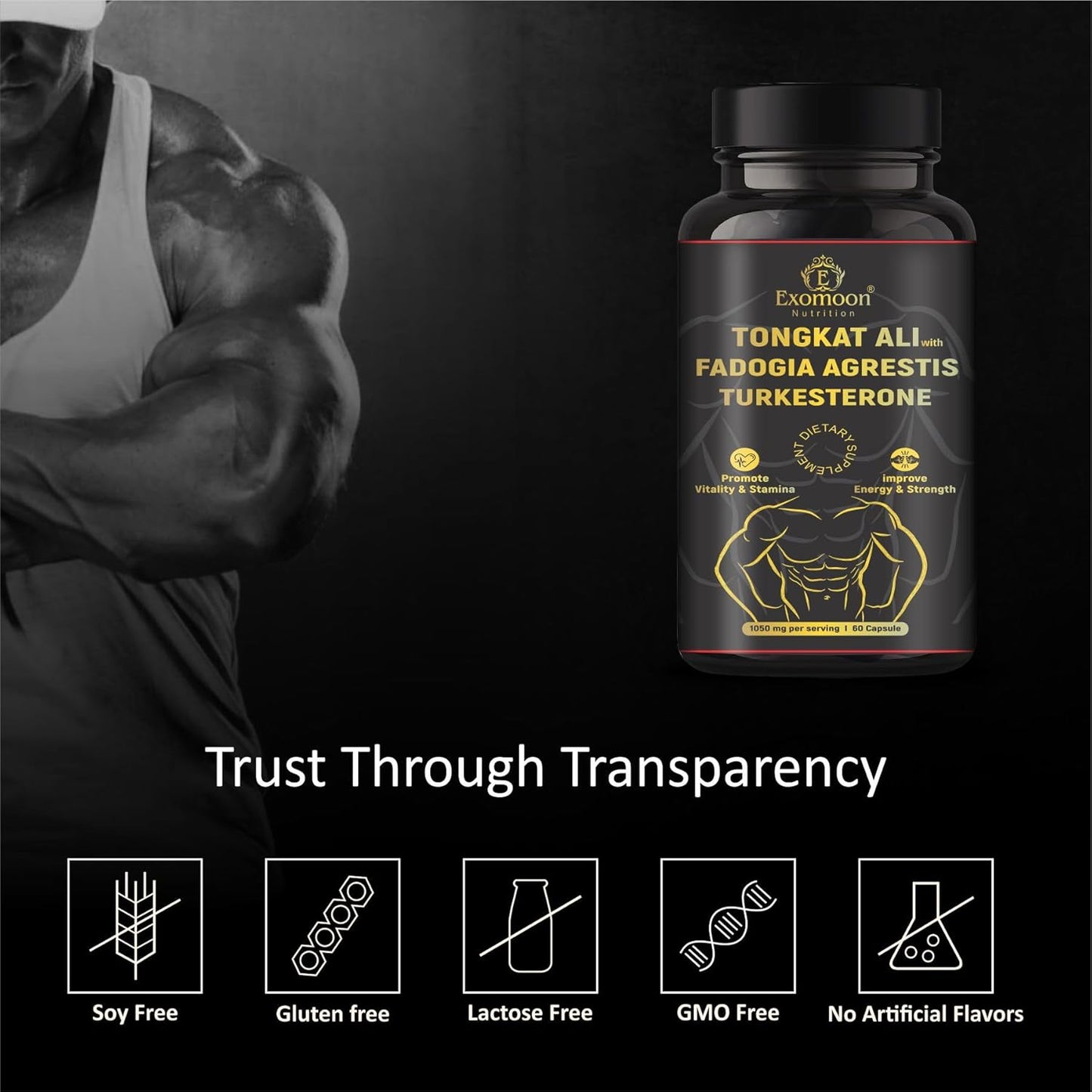 Exomoon Fadogia Agrestis Capsules Supplement Max Strength Testosterone Booster For Men Horny Goat Weed, Panax Ginseng, Tribulus, Ashwagandha, Maca, Tongkat Ali For Energy, Performance, Immune Support,60 Cap.