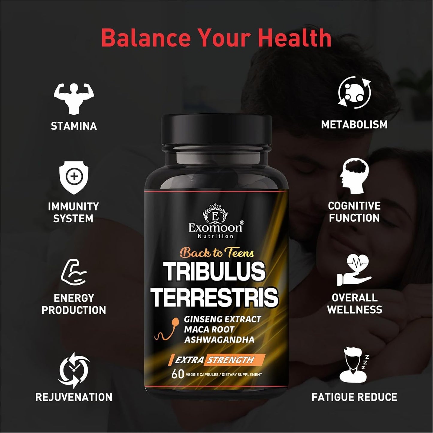 Exomoon Max Strength Booster for Men | Tribulus Terrestris Supplement with Horny Goat Weed, Ginseng, Maca, Ashwagandha, Shilajit, Tongkat Ali - Energy, Stamina, Performance - 60 Capsules