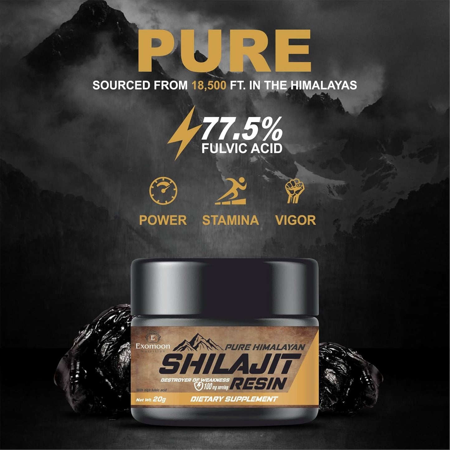 Exomoon Pure Original Himalayan Shilajit/Shilajeet Resin 20g | Improve Strength & stamina for men & women | 4X Concentrated formula, Stronger Than Pills & Capsules