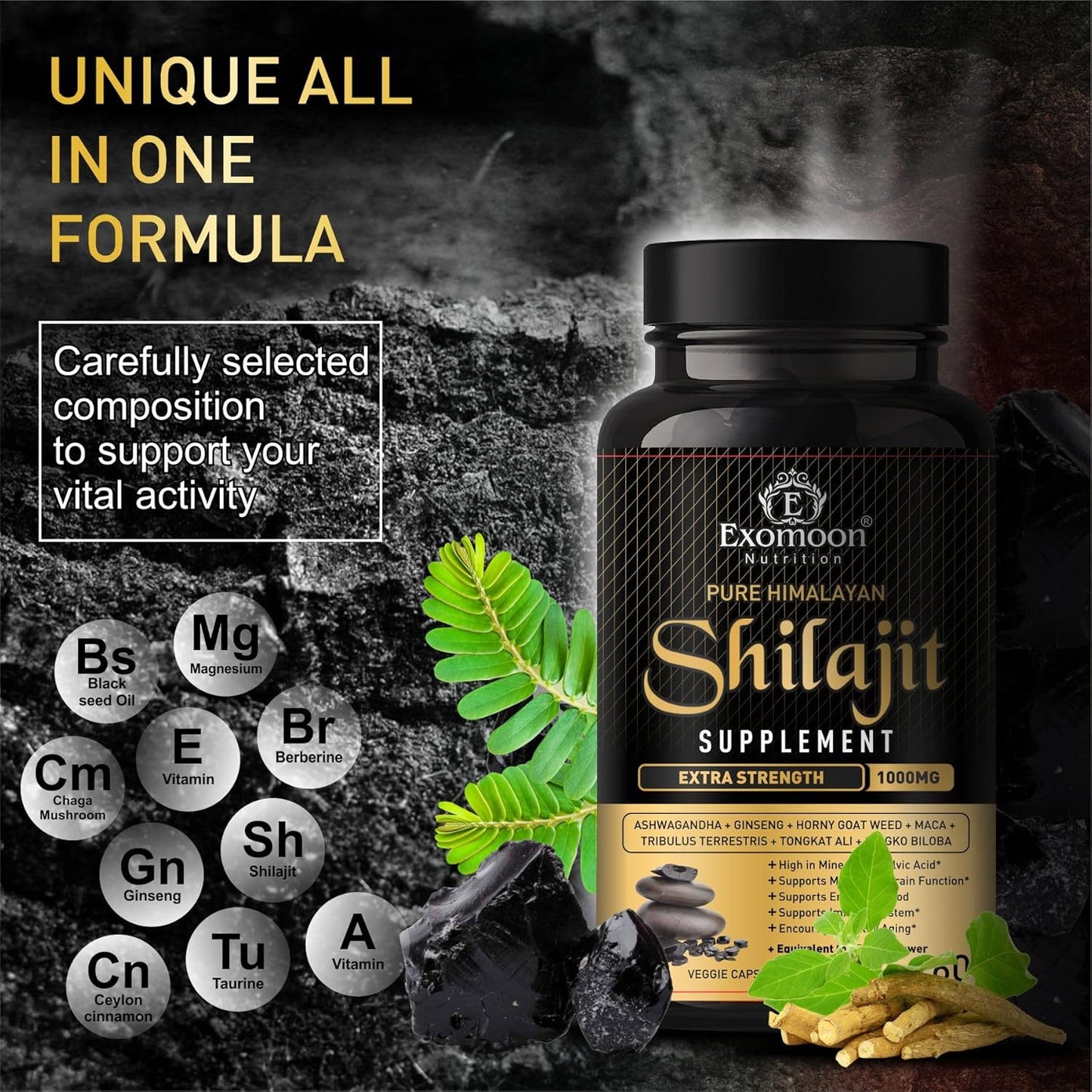 Exomoon Max Strength Booster for Men | Pure Himalayan Shilajit Capsules with High Fulvic Acid, 85+ Trace Minerals - Energy, Performance, Immune Support - Non-GMO - 60 Capsules